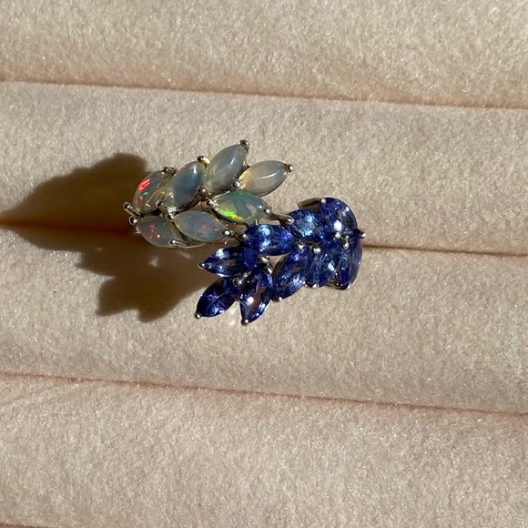 ETHIOPIAN WELLO OPAL and AAA TANZANITE Ring Platinum over Sterling Silver - Picture 6 of 14